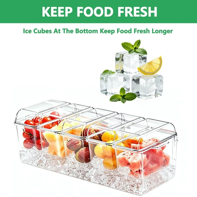 Alt view image 5 of 7 - Chilled Condiment Caddy Server Taco Bar Party Serving Set with 5 Containers & Lids for Fruit Salad Snack Food, Ice Garnish Tray Platter for Dirty Soda, Mimosa Bar Supplies