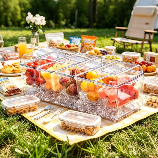 Alt view image 7 of 7 - Chilled Condiment Caddy Server Taco Bar Party Serving Set with 5 Containers & Lids for Fruit Salad Snack Food, Ice Garnish Tray Platter for Dirty Soda, Mimosa Bar Supplies
