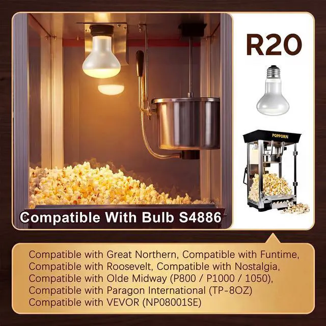 Alt view image 2 of 7 - 4 Pack 50W 120V R20 Popcorn Machine Light Bulb Replacement | Frosted Shatter Proof Popcorn Lamp, Incandescent Reflector Heat Light Bulb for Machine Warmer & Food Display, E26 Base