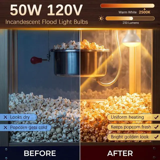 Alt view image 3 of 7 - 4 Pack 50W 120V R20 Popcorn Machine Light Bulb Replacement | Frosted Shatter Proof Popcorn Lamp, Incandescent Reflector Heat Light Bulb for Machine Warmer & Food Display, E26 Base
