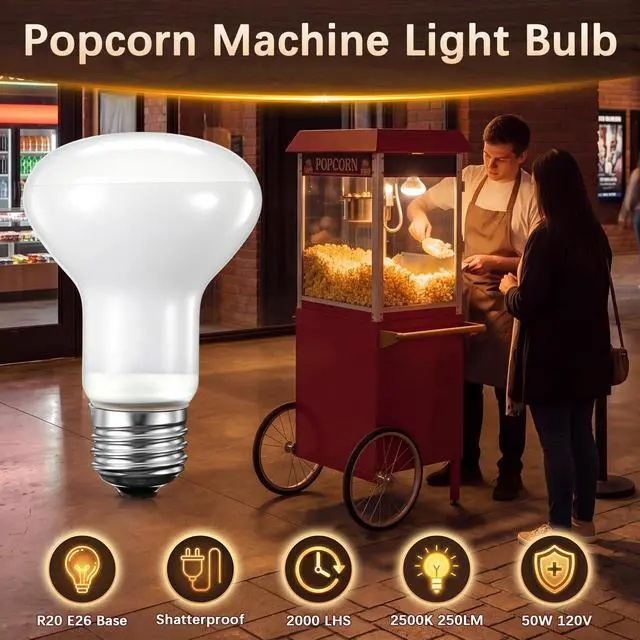 Alt view image 5 of 7 - 4 Pack 50W 120V R20 Popcorn Machine Light Bulb Replacement | Frosted Shatter Proof Popcorn Lamp, Incandescent Reflector Heat Light Bulb for Machine Warmer & Food Display, E26 Base