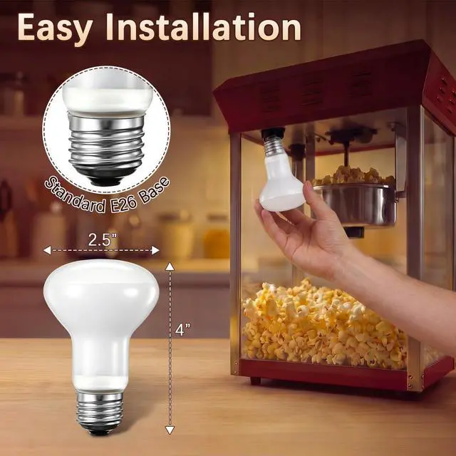 Alt view image 7 of 7 - 4 Pack 50W 120V R20 Popcorn Machine Light Bulb Replacement | Frosted Shatter Proof Popcorn Lamp, Incandescent Reflector Heat Light Bulb for Machine Warmer & Food Display, E26 Base