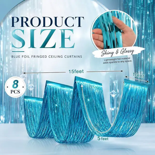 Alt view image 2 of 6 - 8 Pcs Light Blue Ceiling Fringe Curtains, Foil Drapes, 15 ft | Light Blue Theme for Winter, Nautical Parties, Bridal Shower, Bachelorette, Birthday, Baby Shower, and Photo Backdrops