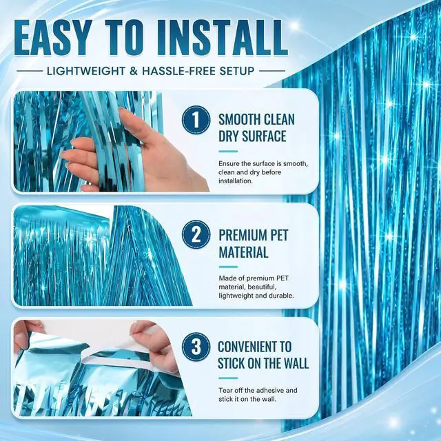 Alt view image 3 of 6 - 8 Pcs Light Blue Ceiling Fringe Curtains, Foil Drapes, 15 ft | Light Blue Theme for Winter, Nautical Parties, Bridal Shower, Bachelorette, Birthday, Baby Shower, and Photo Backdrops