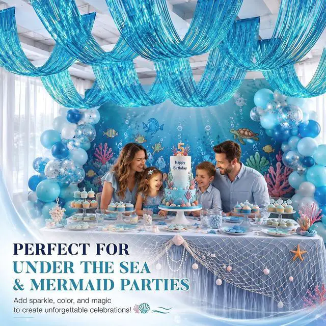 Alt view image 4 of 6 - 8 Pcs Light Blue Ceiling Fringe Curtains, Foil Drapes, 15 ft | Light Blue Theme for Winter, Nautical Parties, Bridal Shower, Bachelorette, Birthday, Baby Shower, and Photo Backdrops