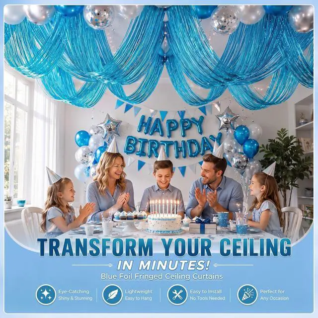 Alt view image 6 of 6 - 8 Pcs Light Blue Ceiling Fringe Curtains, Foil Drapes, 15 ft | Light Blue Theme for Winter, Nautical Parties, Bridal Shower, Bachelorette, Birthday, Baby Shower, and Photo Backdrops