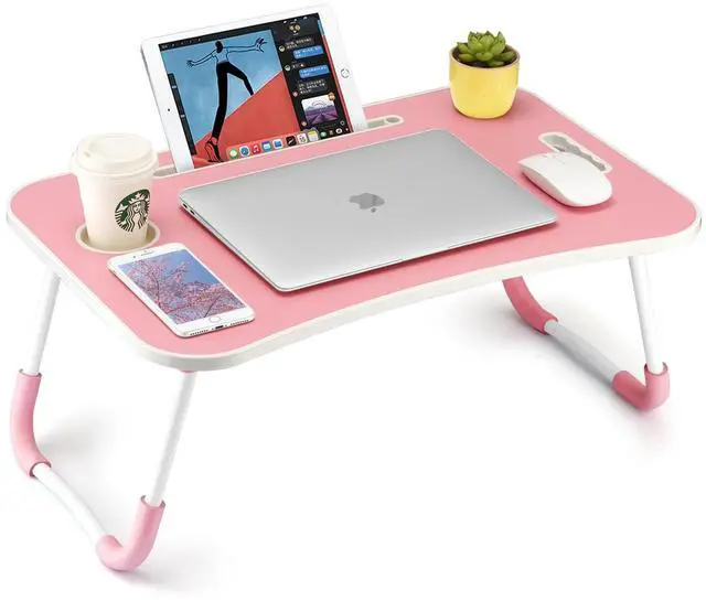Main image of FISYOD Foldable Laptop Table, Portable Lap Desk Bed Table Tray, Laptop Stand with Cup Holder & Tablet Slot & Lifting Handle for Working Writing Drawing & Eating (Pink)