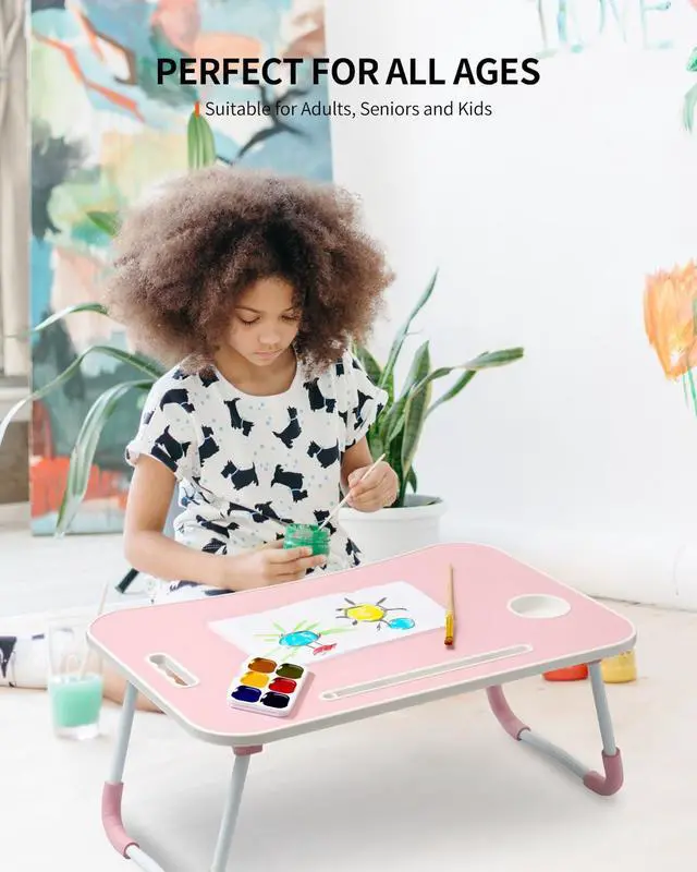 Alt view image 3 of 6 - FISYOD Foldable Laptop Table, Portable Lap Desk Bed Table Tray, Laptop Stand with Cup Holder & Tablet Slot & Lifting Handle for Working Writing Drawing & Eating (Pink)