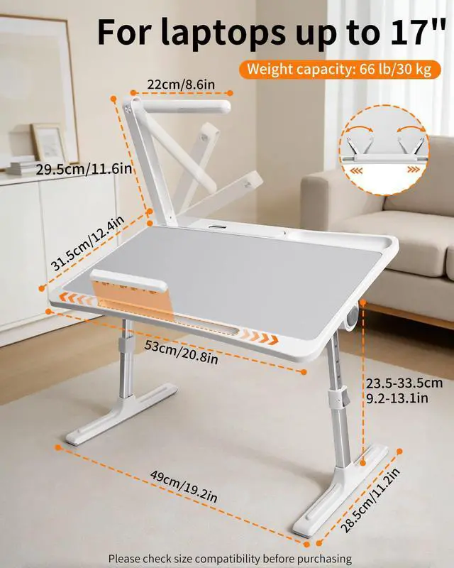 Alt view image 2 of 7 - Laptop Desk Bed Table with LED Light,Adjustable Lap Desk Bed Tray,Portable Folding Couch Table Bookstand with Page Clip,Car Rear Seat Sofa Floor Laptop Tray Stand for Adult Kids Reading Writing Eating