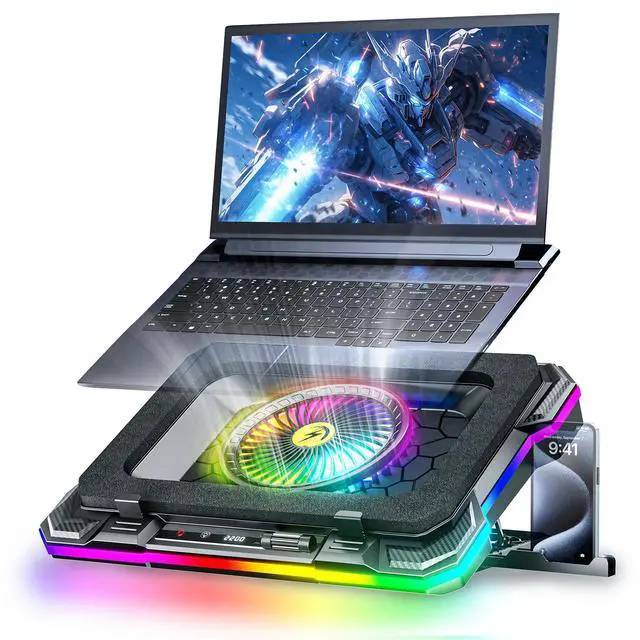 Main image of KeiBn Gaming Laptop Cooling Pad, Laptop Fan Cooling Pad with 5.5inch RGB External Fan, Rapid Cooling Laptop 15.6-19.3inch, 8 Height Stands, 2 USB Ports, Phone Holder-K1 5V RGB