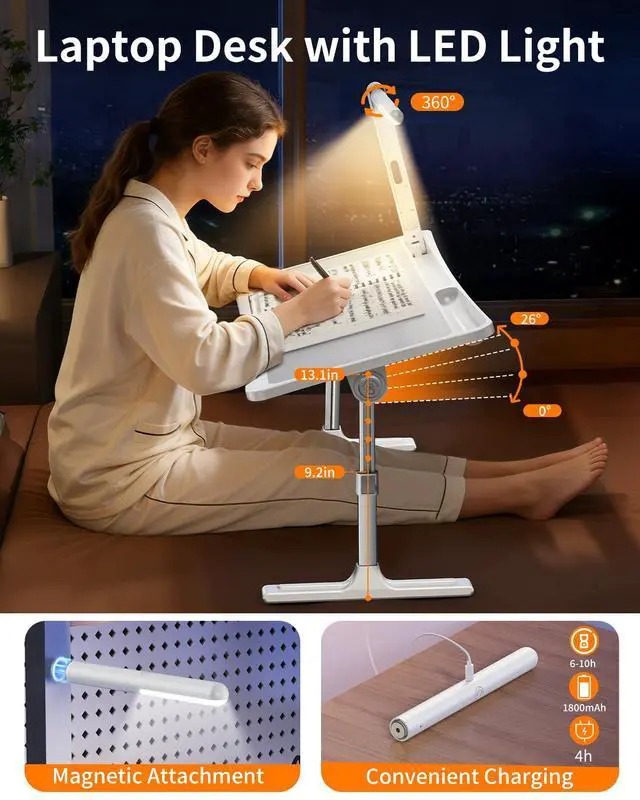 Alt view image 3 of 7 - Laptop Desk Bed Table with LED Light,Adjustable Lap Desk Bed Tray,Portable Folding Couch Table Bookstand with Page Clip,Car Rear Seat Sofa Floor Laptop Tray Stand for Adult Kids Reading Writing Eating
