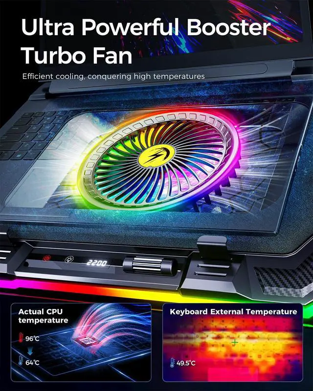 Alt view image 2 of 6 - KeiBn Gaming Laptop Cooling Pad, Laptop Fan Cooling Pad with 5.5inch RGB External Fan, Rapid Cooling Laptop 15.6-19.3inch, 8 Height Stands, 2 USB Ports, Phone Holder-K1 5V RGB