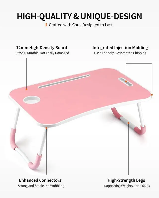 Alt view image 5 of 6 - FISYOD Foldable Laptop Table, Portable Lap Desk Bed Table Tray, Laptop Stand with Cup Holder & Tablet Slot & Lifting Handle for Working Writing Drawing & Eating (Pink)