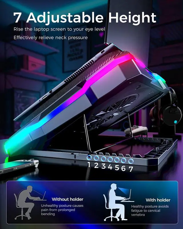 Alt view image 3 of 6 - KeiBn Gaming Laptop Cooling Pad, Laptop Fan Cooling Pad with 5.5inch RGB External Fan, Rapid Cooling Laptop 15.6-19.3inch, 8 Height Stands, 2 USB Ports, Phone Holder-K1 5V RGB