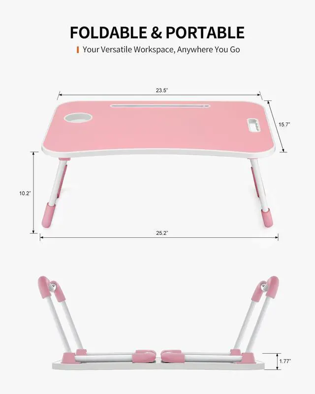 Alt view image 6 of 6 - FISYOD Foldable Laptop Table, Portable Lap Desk Bed Table Tray, Laptop Stand with Cup Holder & Tablet Slot & Lifting Handle for Working Writing Drawing & Eating (Pink)