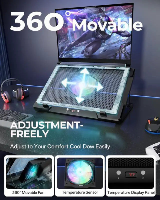 Alt view image 2 of 7 - DEPGI Laptop Cooling Pad, Laptop Cooler Stand with 5.5" Movable Fan Easy to Clean, Auto Temp Sensor & 3-Speed Manual Control, Ultra Quiet 40dB for 1417.3 Inch Laptops,Black