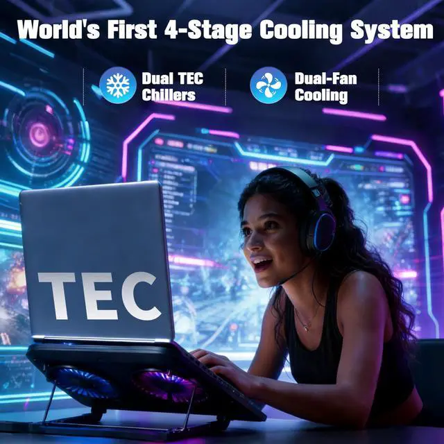 Alt view image 3 of 7 - Dual-Core TEC Laptop Cooling Pad with Dual Stepless-Quiet Fans, 5-Height Adjustable Laptop Cooling Stand, 10-Level RGB for 13-17 Inch Laptops, Includes 15W Charger, Smoky Black