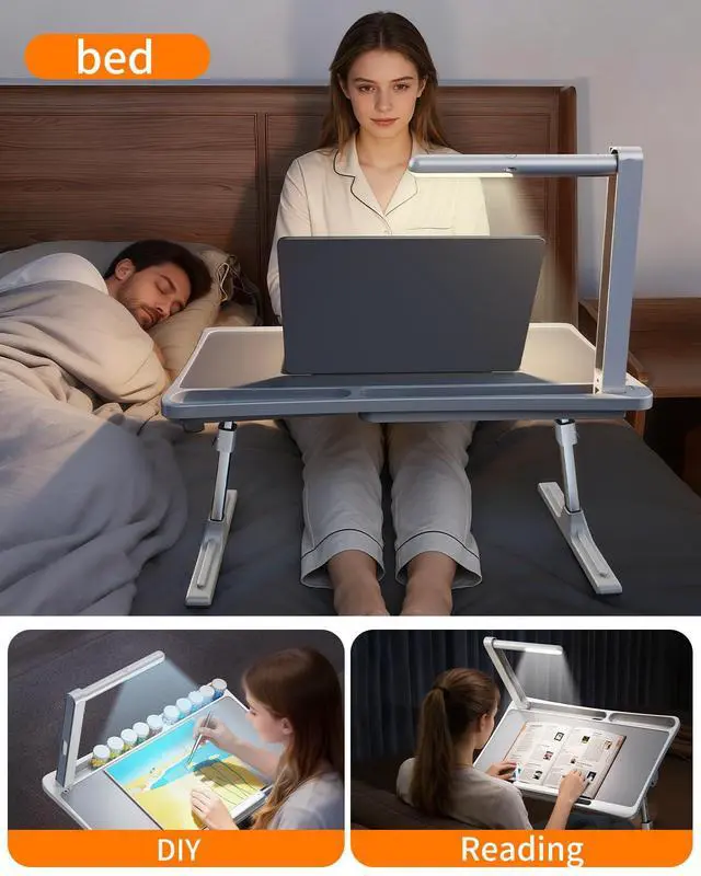 Alt view image 5 of 7 - Laptop Desk Bed Table with LED Light,Adjustable Lap Desk Bed Tray,Portable Folding Couch Table Bookstand with Page Clip,Car Rear Seat Sofa Floor Laptop Tray Stand for Adult Kids Reading Writing Eating