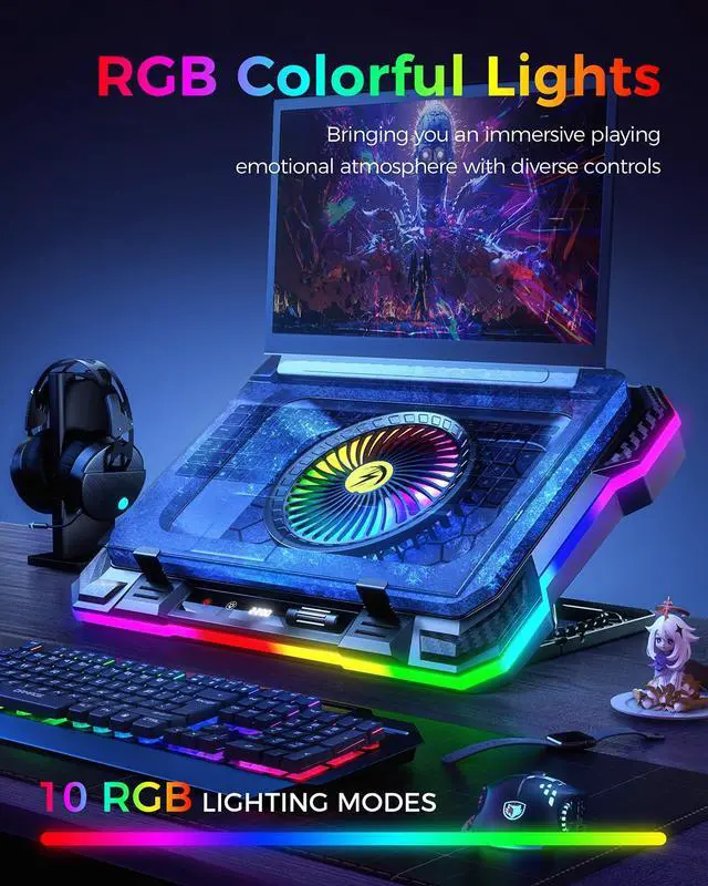Alt view image 4 of 6 - KeiBn Gaming Laptop Cooling Pad, Laptop Fan Cooling Pad with 5.5inch RGB External Fan, Rapid Cooling Laptop 15.6-19.3inch, 8 Height Stands, 2 USB Ports, Phone Holder-K1 5V RGB
