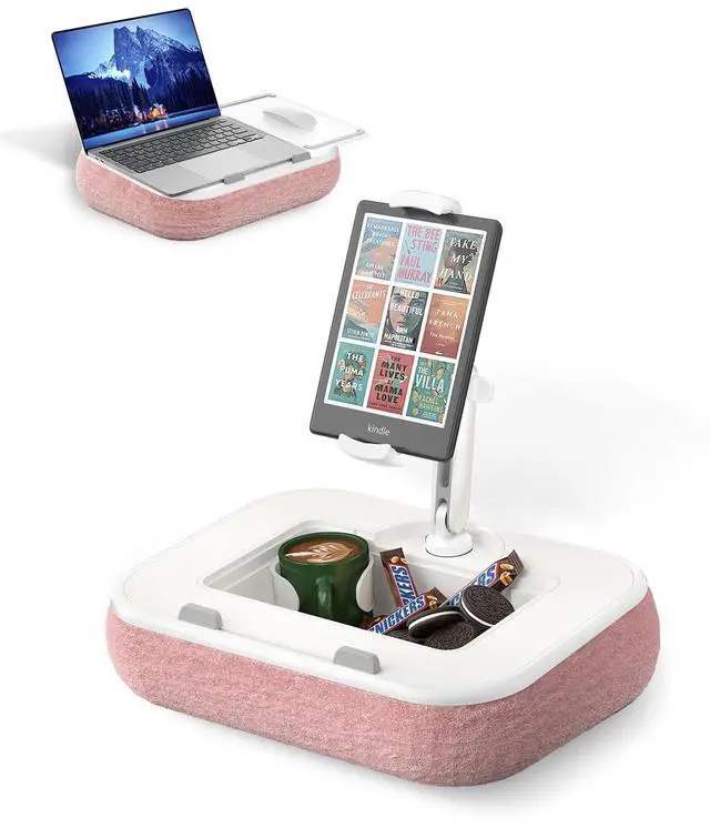 Main image of Viozon Kindle Pillow Stand Holder, Phone Holder for Bed, Laptop Lap Desk with Mouse Pad,Compatible with 4.7-13" Kindle/Tablet/Phone,10-15" Laptop, Snack Bowl&Cup Attachment&Detachable 360° Stand Arm,P