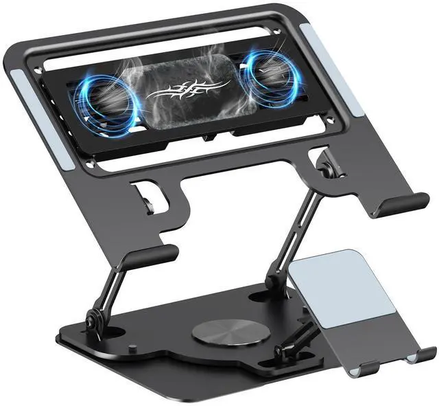 Main image of Laptop Cooling Pad with Detachable Fan & Cooler, 2-in-1 Laptop & Phone Stand, Adjustable Angle, 360° Rotatable Base, Carbon Steel, Ultra-Quiet & Super Sturdy for Laptop (Black)