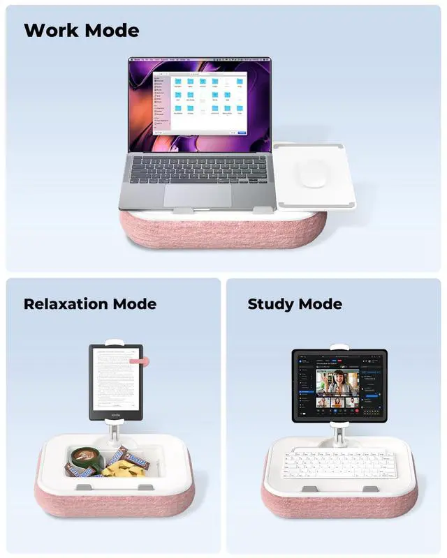 Alt view image 2 of 7 - Viozon Kindle Pillow Stand Holder, Phone Holder for Bed, Laptop Lap Desk with Mouse Pad,Compatible with 4.7-13" Kindle/Tablet/Phone,10-15" Laptop, Snack Bowl&Cup Attachment&Detachable 360° Stand Arm,P