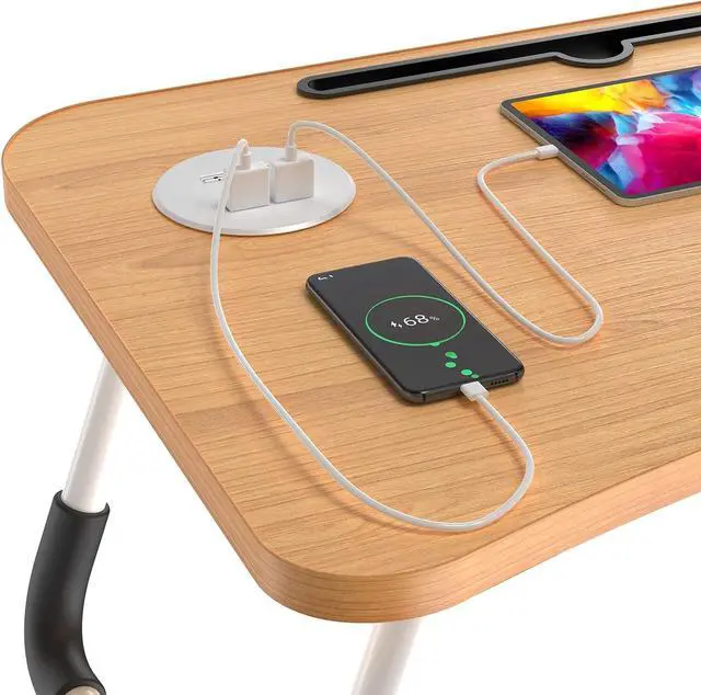 Alt view image 2 of 7 - Elekin Laptop Desk for Bed,Portable Folding Lap Desk Bed Table Standing Work Table Bed Tray with 4 USB Port/Cup Holder/Drawer for Bed Couch/Sofa Wooden