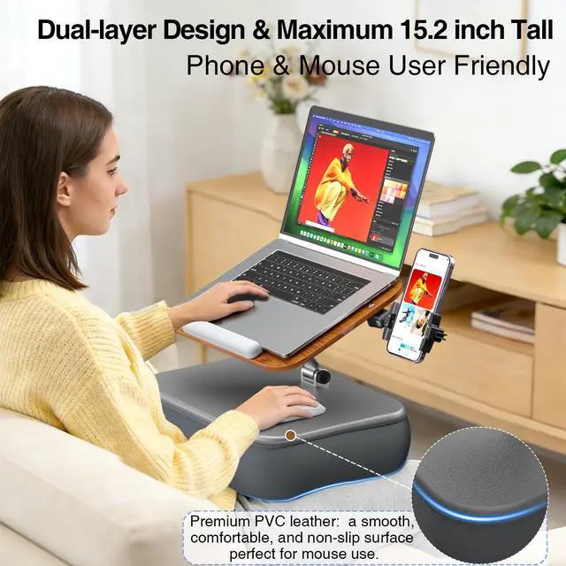 Alt view image 2 of 7 - Adjustable Laptop Lap Desk, Laptop Stand with Cushion Pillow for Bed | Height & Angle Adjustable Lap desk with Phone Holder, Bean Bag Pillow, for 4.7-16in iPhone, iPad, Tablet, Laptop & Macbook