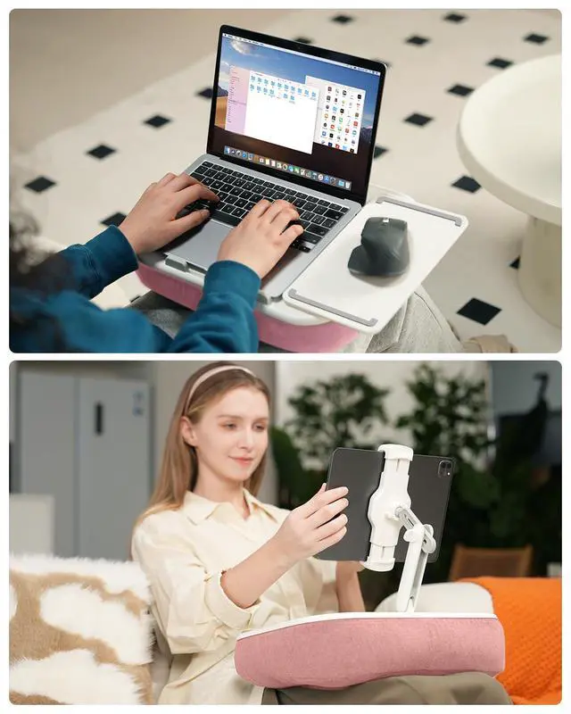 Alt view image 3 of 7 - Viozon Kindle Pillow Stand Holder, Phone Holder for Bed, Laptop Lap Desk with Mouse Pad,Compatible with 4.7-13" Kindle/Tablet/Phone,10-15" Laptop, Snack Bowl&Cup Attachment&Detachable 360° Stand Arm,P