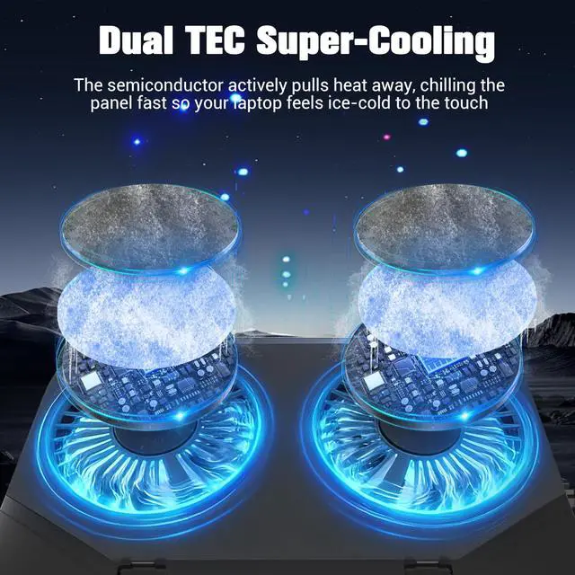 Alt view image 5 of 7 - Dual-Core TEC Laptop Cooling Pad with Dual Stepless-Quiet Fans, 5-Height Adjustable Laptop Cooling Stand, 10-Level RGB for 13-17 Inch Laptops, Includes 15W Charger, Smoky Black