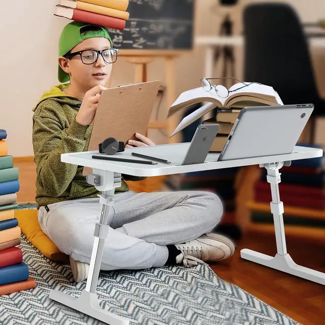 Alt view image 2 of 7 - Zapuno Laptop Bed Desk, Height & Angle Adjustable Laptop Bed Tray Table Lap Stand with Tablet & Phone Slot, Light Weight Foldable Portable Lap Desk for Couch Chair Floor Desk for Adults, Kids