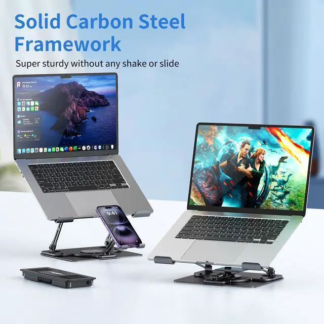 Alt view image 3 of 7 - Laptop Cooling Pad with Detachable Fan & Cooler, 2-in-1 Laptop & Phone Stand, Adjustable Angle, 360° Rotatable Base, Carbon Steel, Ultra-Quiet & Super Sturdy for Laptop (Black)