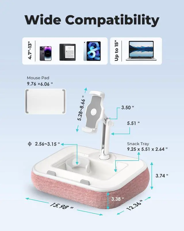 Alt view image 4 of 7 - Viozon Kindle Pillow Stand Holder, Phone Holder for Bed, Laptop Lap Desk with Mouse Pad,Compatible with 4.7-13" Kindle/Tablet/Phone,10-15" Laptop, Snack Bowl&Cup Attachment&Detachable 360° Stand Arm,P