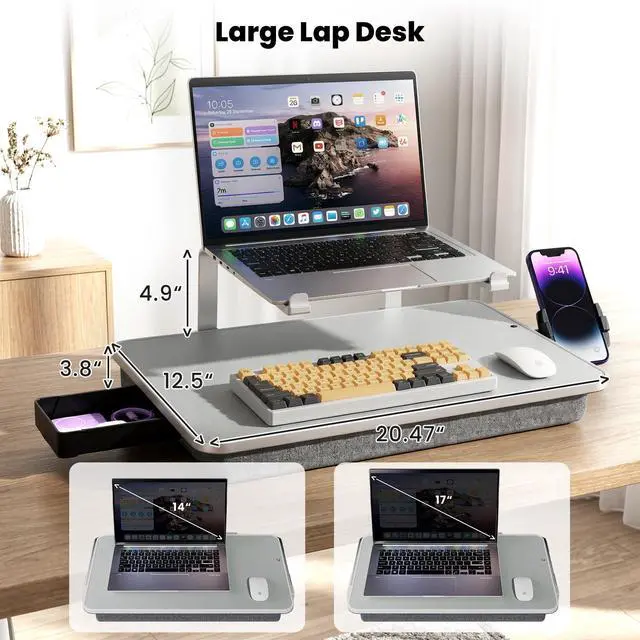 Alt view image 2 of 7 - Large Adults Lap Desk for Laptop with Phone Holder & Storage Drawer | Laptop Stand for Bed Fits up to 17" Laptops & MacBook, Pillow Lap Desks for Adults with Cushion for Bed & Couch, Grey