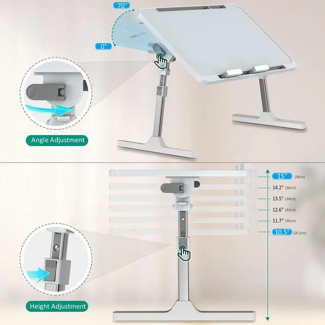Alt view image 3 of 7 - Zapuno Laptop Bed Desk, Height & Angle Adjustable Laptop Bed Tray Table Lap Stand with Tablet & Phone Slot, Light Weight Foldable Portable Lap Desk for Couch Chair Floor Desk for Adults, Kids