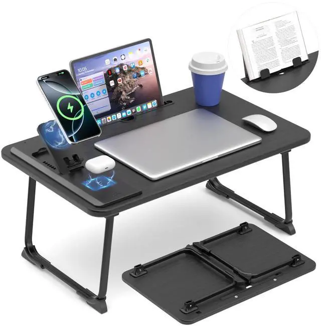 Main image of Lap Desk Bed Table with Wireless Charger - Foldable Large Laptop Tray with Tablet Slot and Book Shelf, No Assembly Table for Couch Chair Floor for Sturdy, Writing, Studying Eating, and WFH