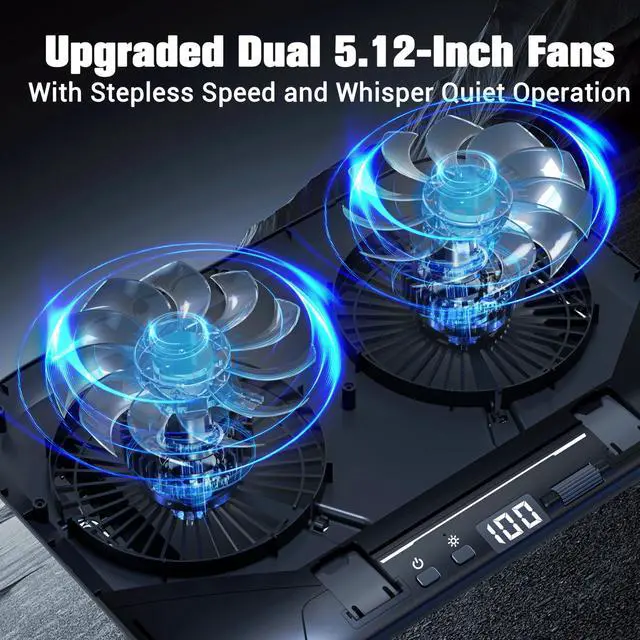 Alt view image 6 of 7 - Dual-Core TEC Laptop Cooling Pad with Dual Stepless-Quiet Fans, 5-Height Adjustable Laptop Cooling Stand, 10-Level RGB for 13-17 Inch Laptops, Includes 15W Charger, Smoky Black