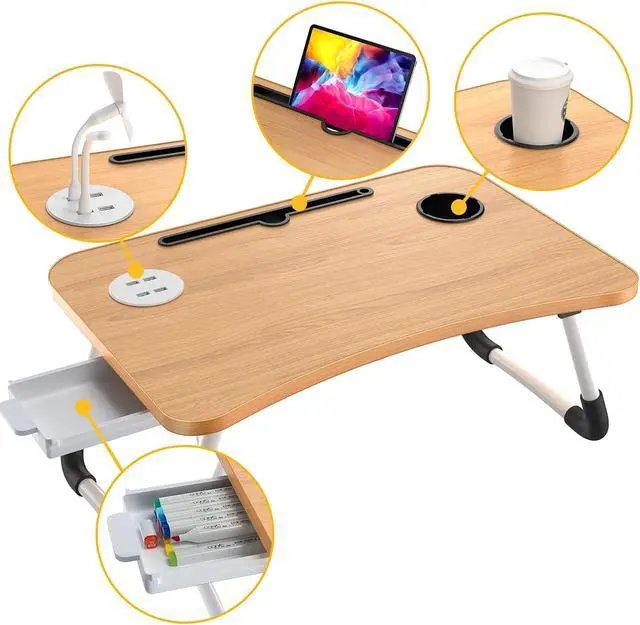 Alt view image 4 of 7 - Elekin Laptop Desk for Bed,Portable Folding Lap Desk Bed Table Standing Work Table Bed Tray with 4 USB Port/Cup Holder/Drawer for Bed Couch/Sofa Wooden