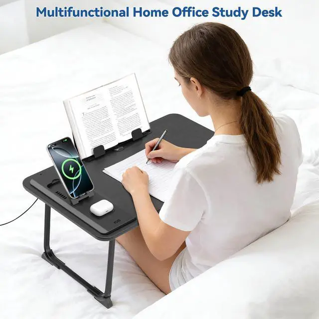 Alt view image 2 of 7 - Lap Desk Bed Table with Wireless Charger - Foldable Large Laptop Tray with Tablet Slot and Book Shelf, No Assembly Table for Couch Chair Floor for Sturdy, Writing, Studying Eating, and WFH