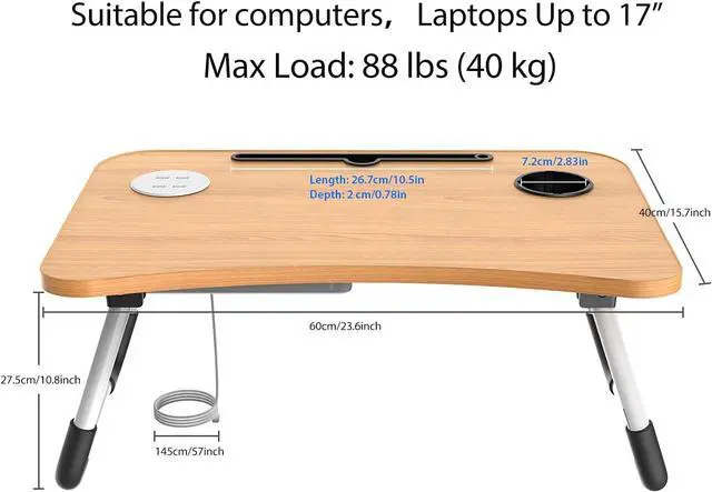 Alt view image 5 of 7 - Elekin Laptop Desk for Bed,Portable Folding Lap Desk Bed Table Standing Work Table Bed Tray with 4 USB Port/Cup Holder/Drawer for Bed Couch/Sofa Wooden
