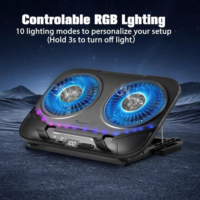 Alt view image 7 of 7 - Dual-Core TEC Laptop Cooling Pad with Dual Stepless-Quiet Fans, 5-Height Adjustable Laptop Cooling Stand, 10-Level RGB for 13-17 Inch Laptops, Includes 15W Charger, Smoky Black