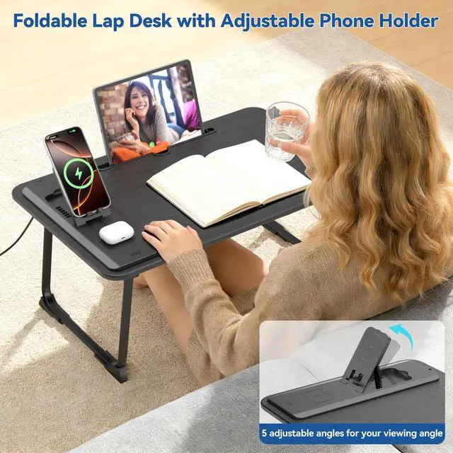 Alt view image 4 of 7 - Lap Desk Bed Table with Wireless Charger - Foldable Large Laptop Tray with Tablet Slot and Book Shelf, No Assembly Table for Couch Chair Floor for Sturdy, Writing, Studying Eating, and WFH