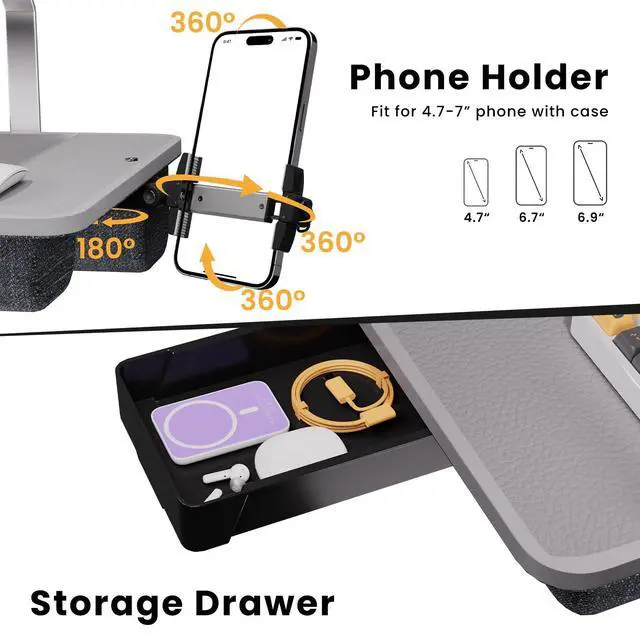 Alt view image 5 of 7 - Large Adults Lap Desk for Laptop with Phone Holder & Storage Drawer | Laptop Stand for Bed Fits up to 17" Laptops & MacBook, Pillow Lap Desks for Adults with Cushion for Bed & Couch, Grey