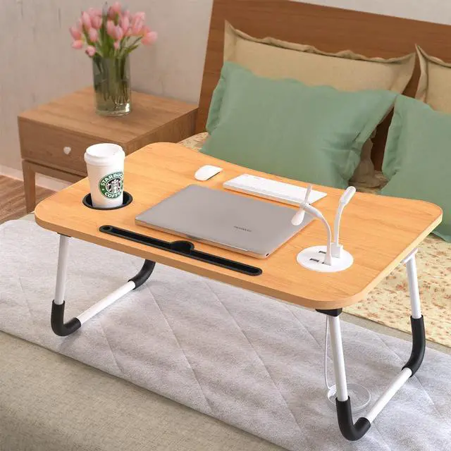 Alt view image 7 of 7 - Elekin Laptop Desk for Bed,Portable Folding Lap Desk Bed Table Standing Work Table Bed Tray with 4 USB Port/Cup Holder/Drawer for Bed Couch/Sofa Wooden