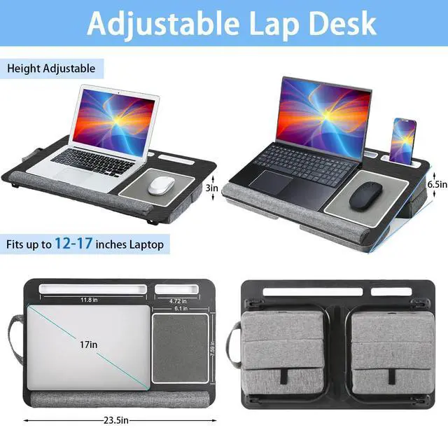 Alt view image 2 of 6 - Laptop Lap Desk, Lap & Bed Desk with Adjustable Cushion, Fit up to 17" Laptop Stand for Couch/Sofa/Floor, Computer Tray Table for Adults, with Foldable Legs,Wrist Rest, Tablet & Phone Holder