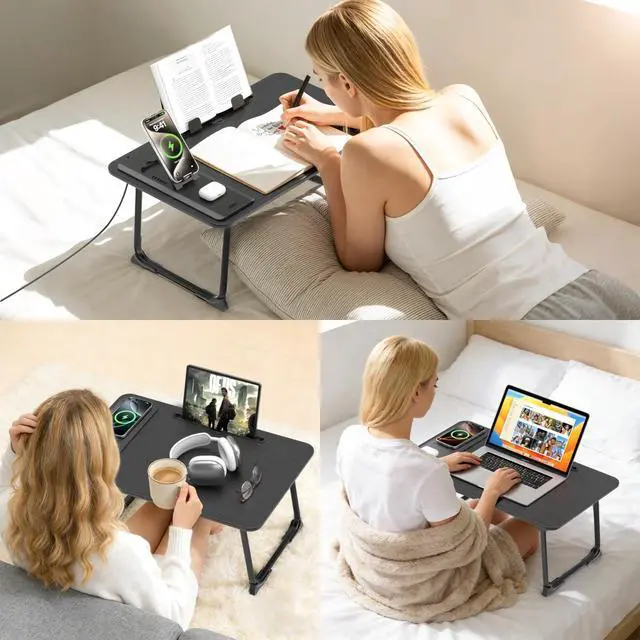 Alt view image 6 of 7 - Lap Desk Bed Table with Wireless Charger - Foldable Large Laptop Tray with Tablet Slot and Book Shelf, No Assembly Table for Couch Chair Floor for Sturdy, Writing, Studying Eating, and WFH
