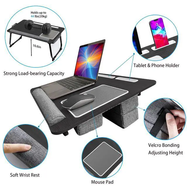 Alt view image 3 of 6 - Laptop Lap Desk, Lap & Bed Desk with Adjustable Cushion, Fit up to 17" Laptop Stand for Couch/Sofa/Floor, Computer Tray Table for Adults, with Foldable Legs,Wrist Rest, Tablet & Phone Holder