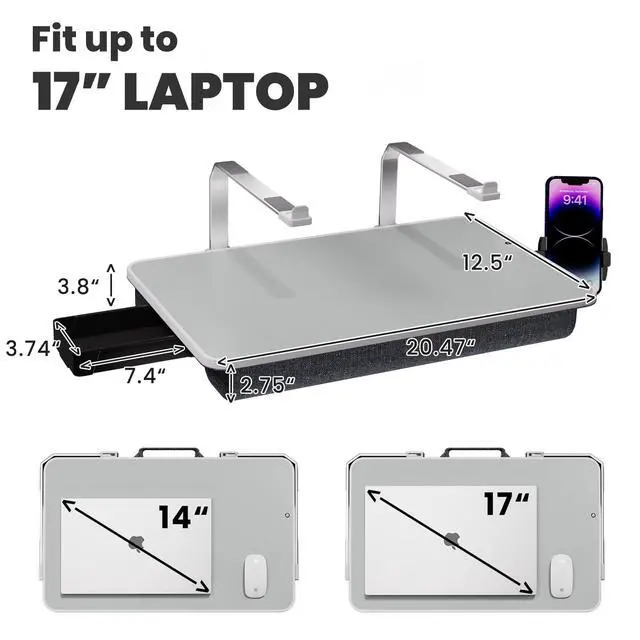 Alt view image 7 of 7 - Large Adults Lap Desk for Laptop with Phone Holder & Storage Drawer | Laptop Stand for Bed Fits up to 17" Laptops & MacBook, Pillow Lap Desks for Adults with Cushion for Bed & Couch, Grey