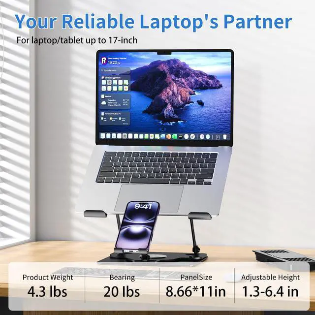 Alt view image 7 of 7 - Laptop Cooling Pad with Detachable Fan & Cooler, 2-in-1 Laptop & Phone Stand, Adjustable Angle, 360° Rotatable Base, Carbon Steel, Ultra-Quiet & Super Sturdy for Laptop (Black)