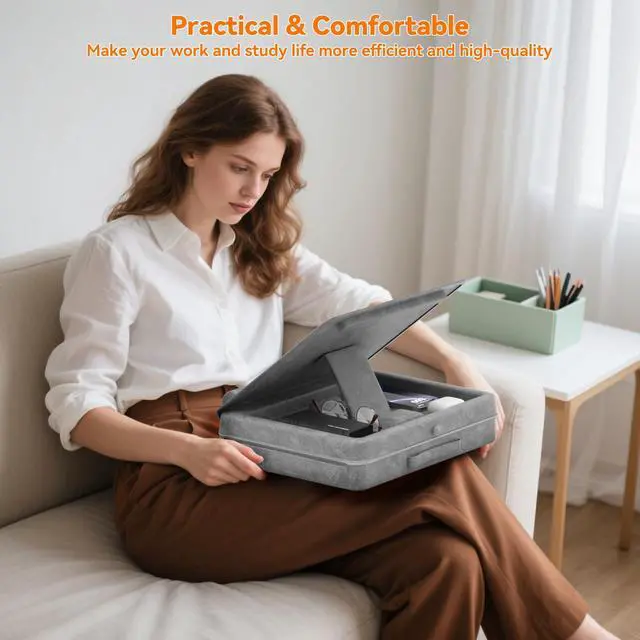 Alt view image 2 of 7 - KDD Laptop Lap Desk with Cushion, Laptop Table with Storage for Bed & Sofa, Adjustable Lap Pillow Stand with Anti-Slip Strip & Cell Phone/Tablet Slot for Home Office College